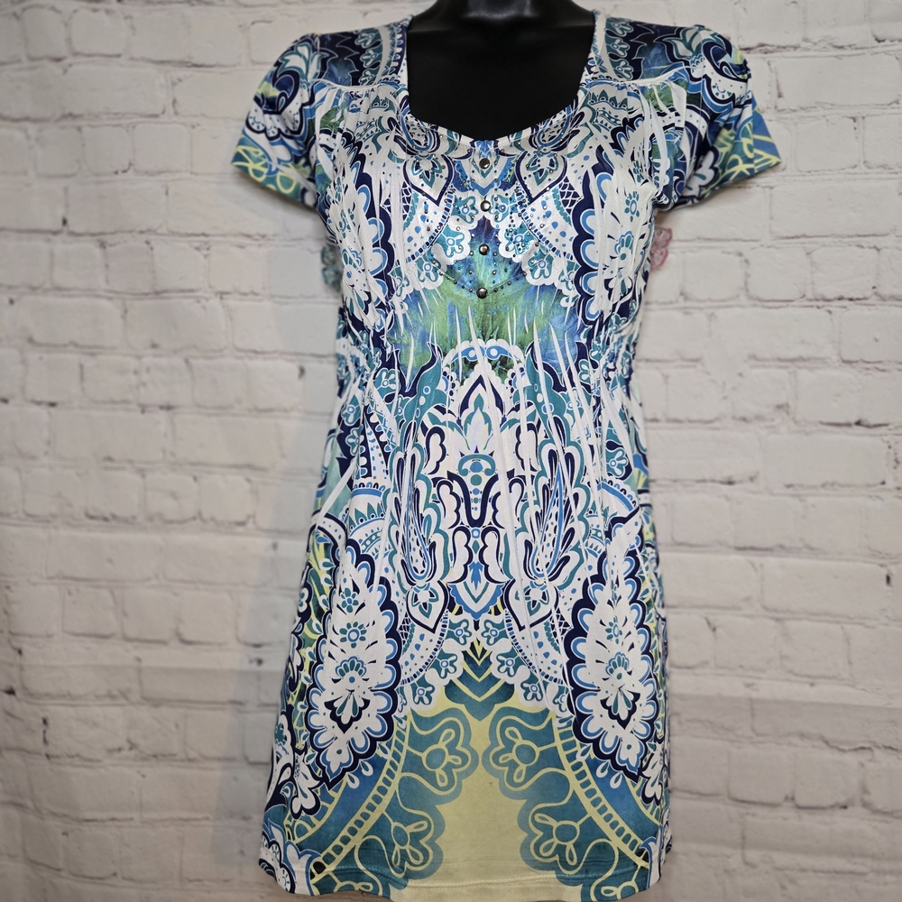 y2k indie boho bedazzled babydoll top sweetheart neck line mandala print sz lg